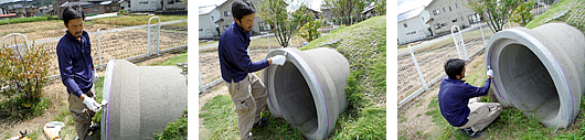 ヒューム管との接着面均一に引き伸ばす